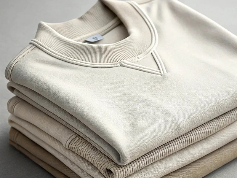 Stack of folded beige crewneck sweatshirts showing smooth knit fabric and ribbed collar details.