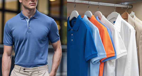 Man in blue polo shirt beside a rack of colorful hanging polo shirts.