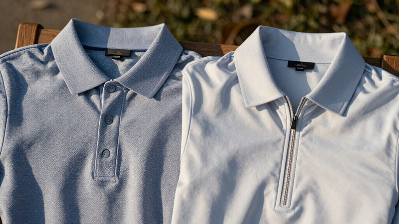 Two men’s polo shirts laid flat outdoors, one blue button polo and one white zip-collar polo.