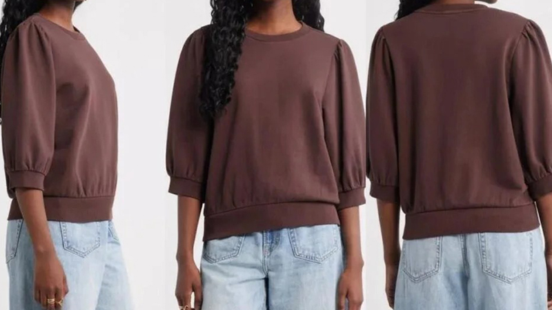 Woman wearing brown sweatshirt with puff sleeves shown from side, front, and back views.