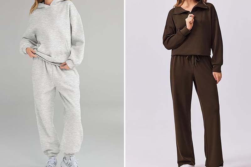 Two people wearing matching lounge sets, one in light grey with hoodie and joggers, one in dark brown with zip-up top and pants.