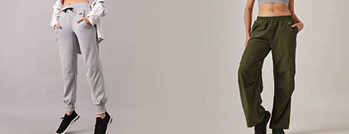 Women's relaxed jogger pants in gray and olive green with pockets