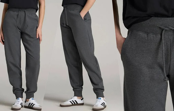 Women’s charcoal jogger pants shown in full and detail views with elastic cuffs.