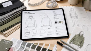 Digital clothing tech pack with hoodie sketches, fabric swatches, and fashion design tools on workspace desk