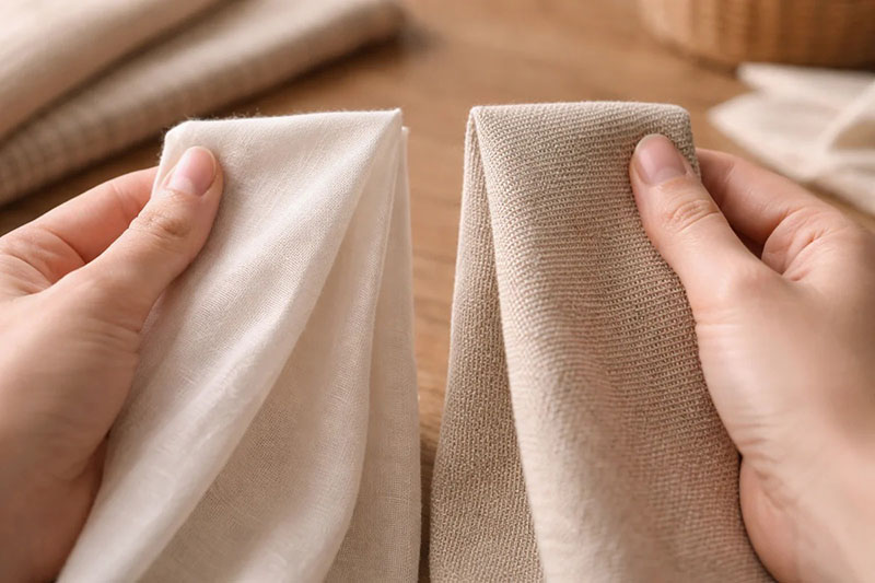 Hands holding and comparing two pieces of fabric, one smooth light beige and one textured tan, on a wooden surface with more folded fabrics in the background.