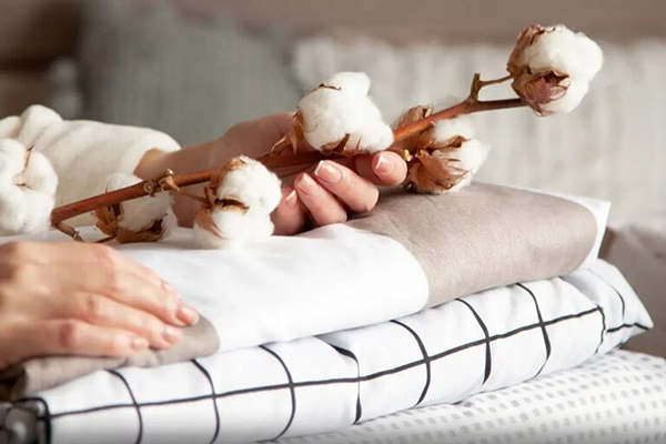 A hand holding a cotton branch with fluffy white bolls over neatly folded fabric, including a checkered pattern and a solid color, arranged on a soft surface.