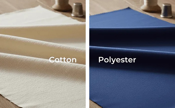 Two pieces of fabric side by side; the left is labeled "Cotton" showing a natural beige color and soft texture, and the right is labeled "Polyester" showing a smooth, dark blue fabric.