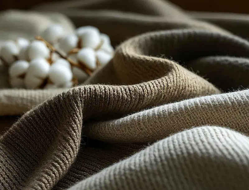 Close-up of soft, folded brown and beige knit fabric with a sprig of white cotton bolls in the background.