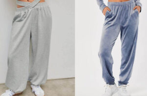 Gray and blue relaxed-fit sweatpants with elastic waistbands and casual comfortable streetwear design for everyday lounging and fashion wear