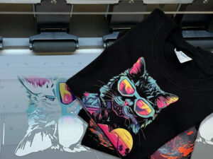 Colorful cat graphic printed on black t-shirt using DTF printing machine