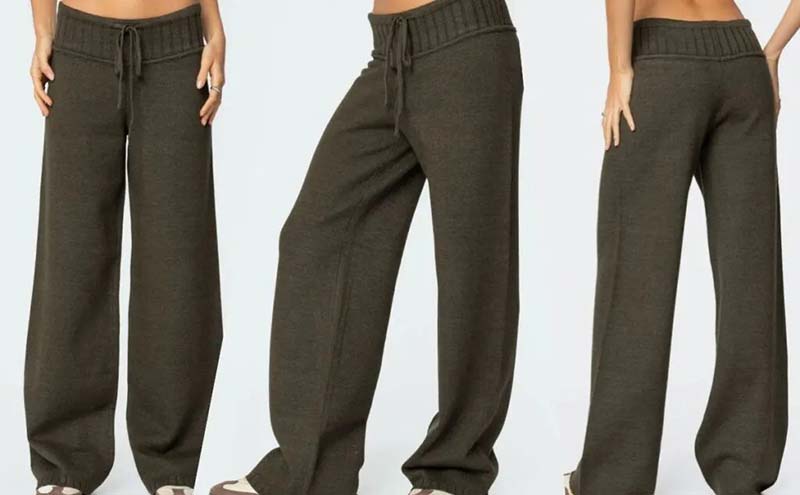 Three views of a person wearing dark brown loose-fitting lounge pants with a drawstring waistband.