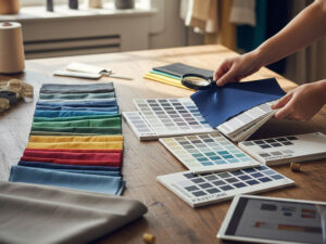 Designer comparing fabric swatches with Pantone color charts for textile production