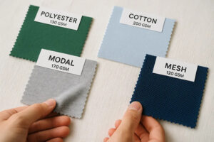 Fabric swatches labeled polyester, cotton, modal, and mesh with different GSM weights for apparel material comparison and textile selection