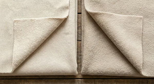 Beige fabric swatches showing knit backing and soft fleece surface textures.