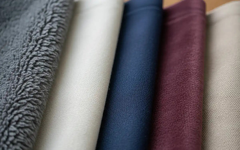Fabric swatches showing plush fleece, smooth knit, and textured materials in gray, cream, navy, burgundy, and beige.