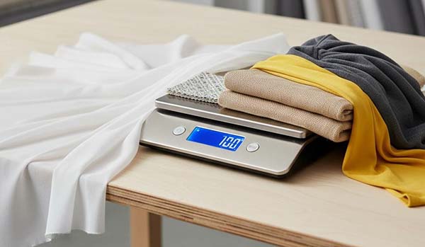 Pieces of fabric in white, beige, gray, and yellow placed on a digital scale showing 100 grams.