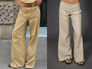 Two women wearing low-waist flared wide-leg pants outdoors.