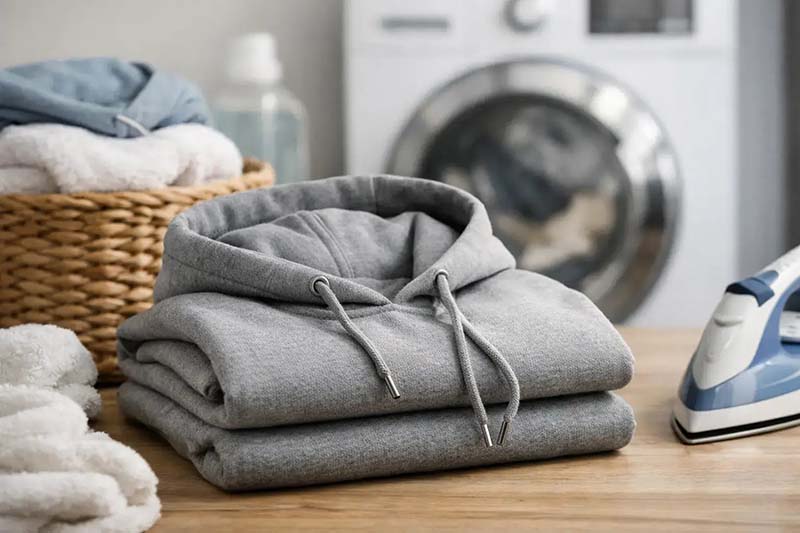 Two neatly folded gray hooded sweatshirts on a wooden surface, with a laundry basket, towels, an iron, and a washing machine in the background.