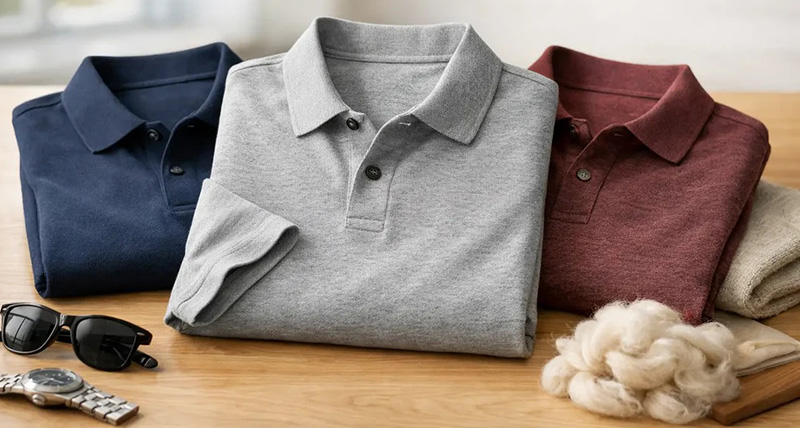 Three folded polo shirts in navy, gray, and burgundy displayed with accessories on a wooden table.