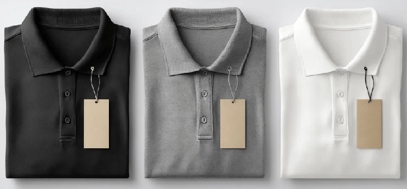 Three folded polo shirts in black, gray, and white with tags.