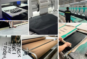 Collage showing garment printing, embroidery, screen printing, and fabric cutting processes inside modern apparel manufacturing factory workshop
