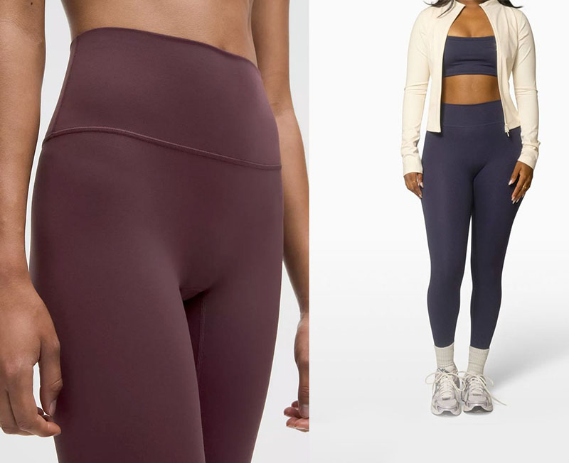 Two women wearing high-waist workout leggings, one in dark burgundy close-up and the other in navy paired with a light jacket and sneakers, shown from waist to feet.