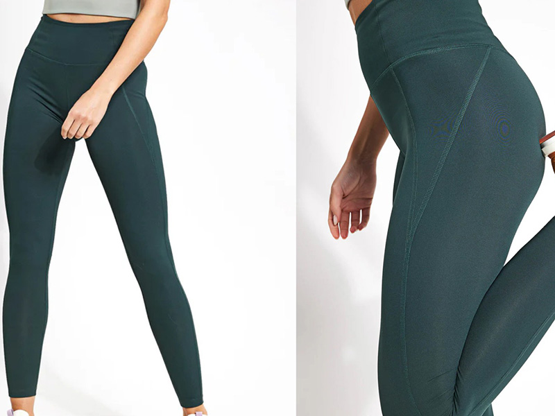 Woman wearing high-waisted, dark green leggings, shown from front and side angles, highlighting a sleek, fitted design.