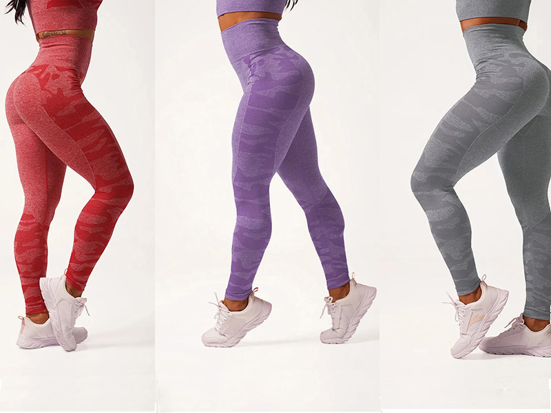 Three side-profile views of a woman wearing high-waisted, seamless leggings in red, purple, and gray. Each pair has a subtle camo pattern. All models wear white athletic shoes, and the background is plain white.