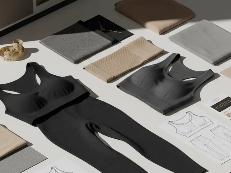 Flat lay of black and gray sports bras and leggings with fabric swatches and sketches.