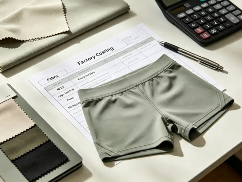 Athletic shorts sample displayed with factory costing document, fabric swatches, calculator, and production planning tools