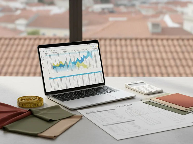 Laptop displaying apparel sales analytics beside fabric samples and fashion design documents