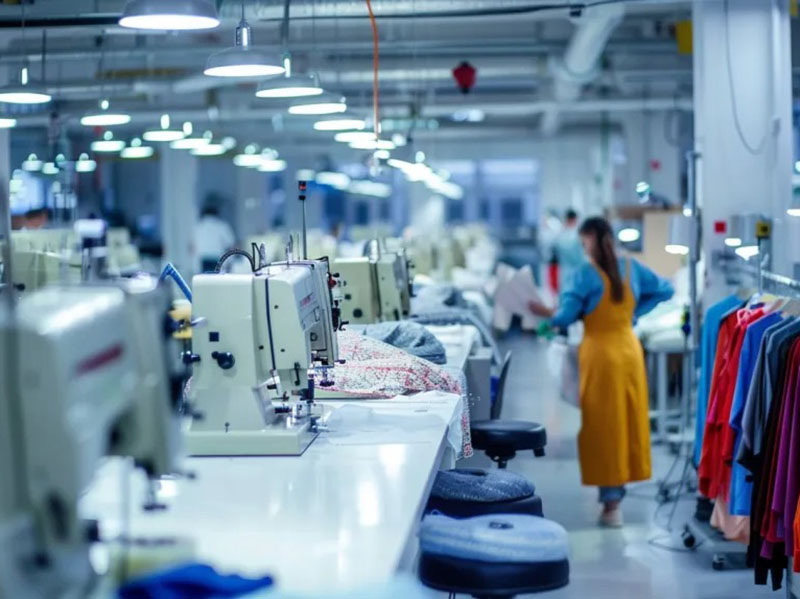 Factory garment production line with sewing machines and workers