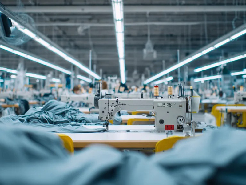 Large garment factory with rows of sewing machines and tables, stacks of blue fabric on the tables, bright overhead fluorescent lights, and blurred workers in the background.