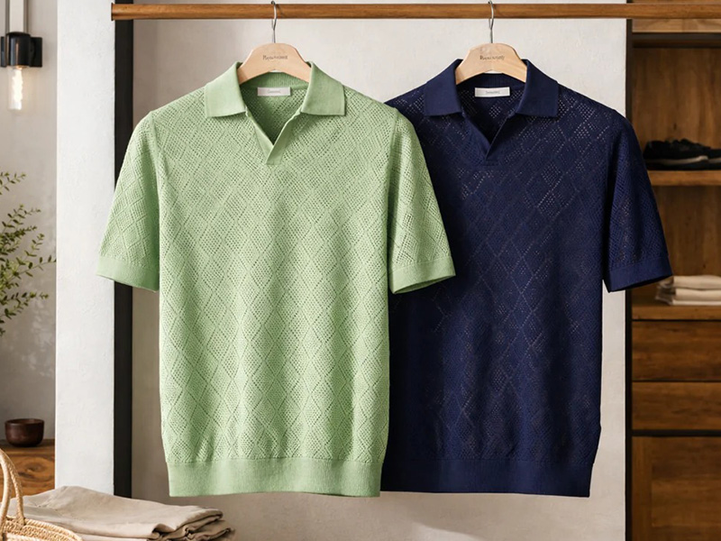 Two textured knit polo shirts hanging in light green and navy blue tones.