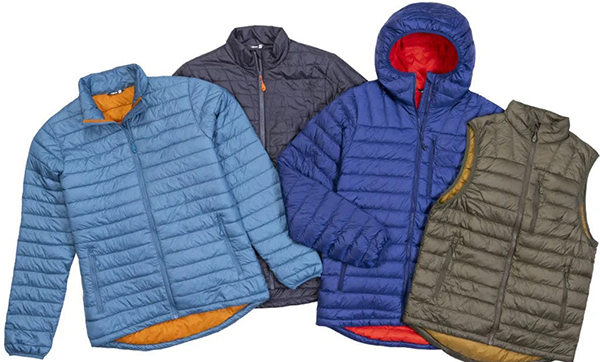 Four insulated outerwear pieces: a light blue jacket with an orange lining, a dark gray jacket, a blue hooded jacket with red lining, and an olive green sleeveless vest with yellow lining. All have front zippers and quilted patterns.