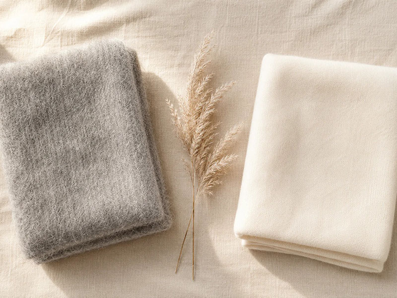 Two neatly folded fabrics, one gray and one off-white, placed on a beige surface with a small dried ornamental grass in between.