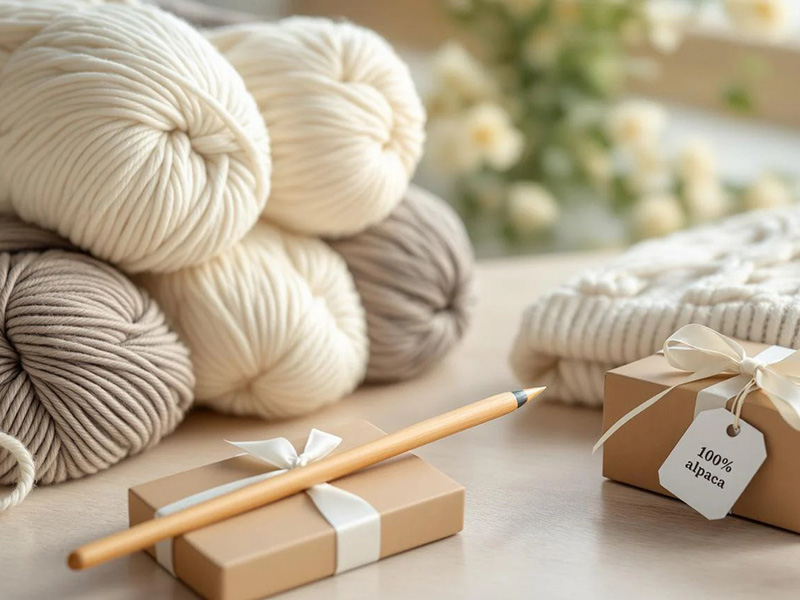 Several skeins of cream and beige alpaca yarn stacked on a table next to a knitted item.