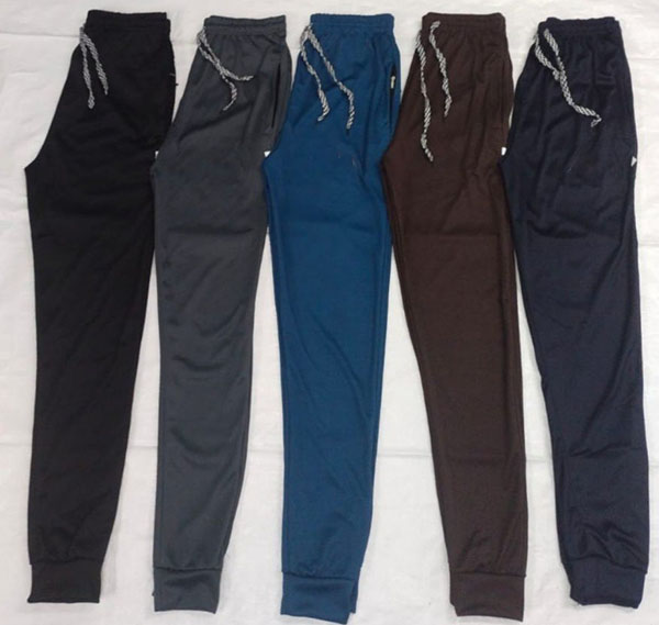 Five jogger pants laid flat in black, gray, blue, brown, and navy colors.