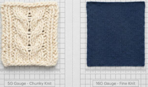 Comparison of chunky 5G knit texture and fine 16G knit fabric samples