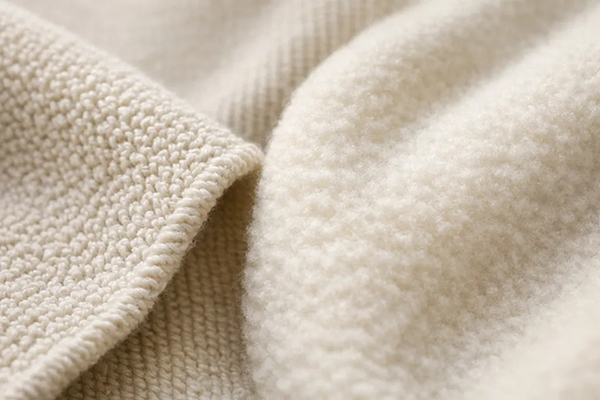 Close-up of cream fabric showing textured knit side and soft fleece side.