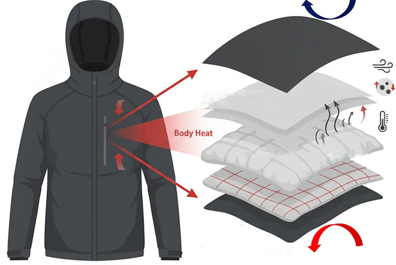 Diagram of a hooded winter jacket showing its layered construction.