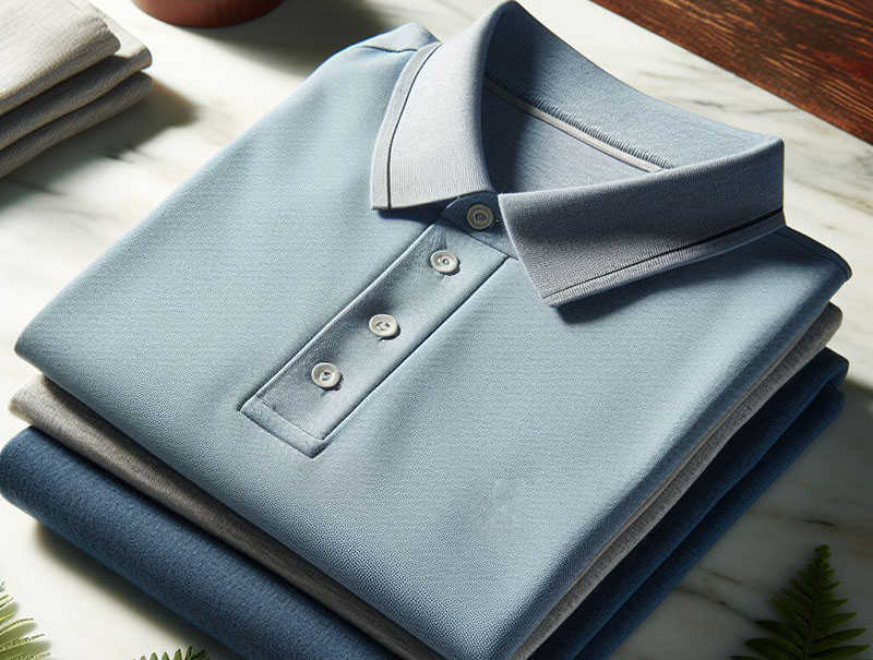 Neatly folded light blue polo shirt with button placket and collar, stacked on top of gray and navy shirts on a marble surface.
