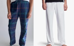 Men modeling plaid lounge pants and white pajama pants with relaxed comfortable fit for casual homewear and sleepwear styles