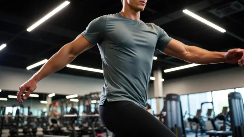 A man in a gym wearing a fitted gray athletic t-shirt and black pants, balancing on one leg with arms extended.