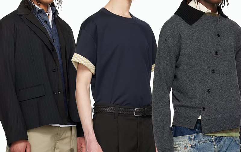 Three male models wearing layered outfits: black pinstripe jacket, navy short-sleeve shirt with striped cuffs, and gray button-up cardigan with black collar.