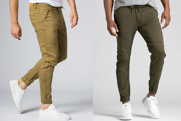 Men’s tapered jogger pants shown in tan and olive green casual styles.