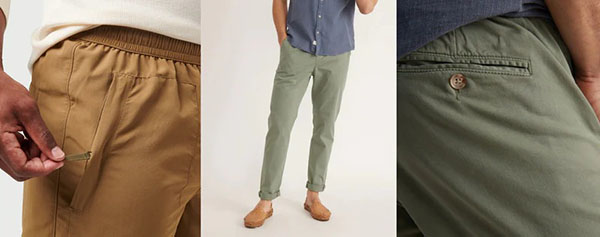 Details of casual men’s pants showing zipper pocket, full fit, and back pocket button.