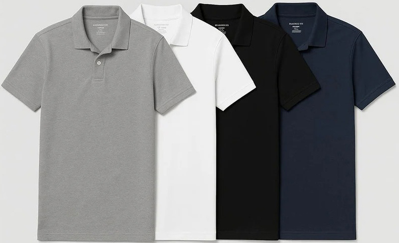 Four men’s short-sleeve polo shirts in gray, white, black, and navy.