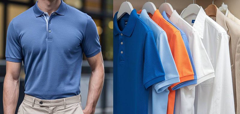 Man wearing a blue polo shirt next to a rack displaying multiple polo shirts in blue, light blue, orange, white, and beige.