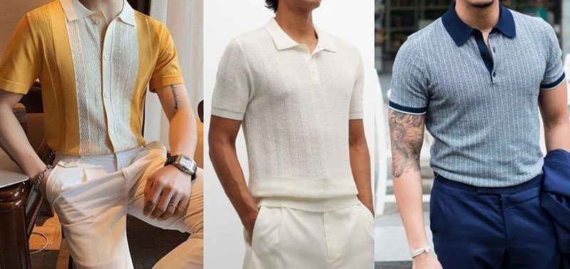 Three men wearing short-sleeve polo shirts in yellow, white, and grey with different textures and collar styles, styled with pants.